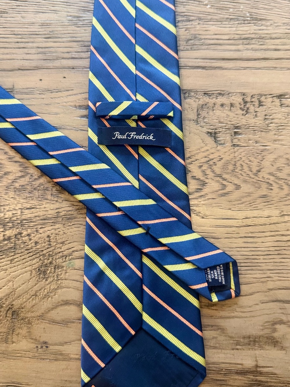 Paul Fredrick Navy Tie with Yellow and Orange Diagonal Stripes